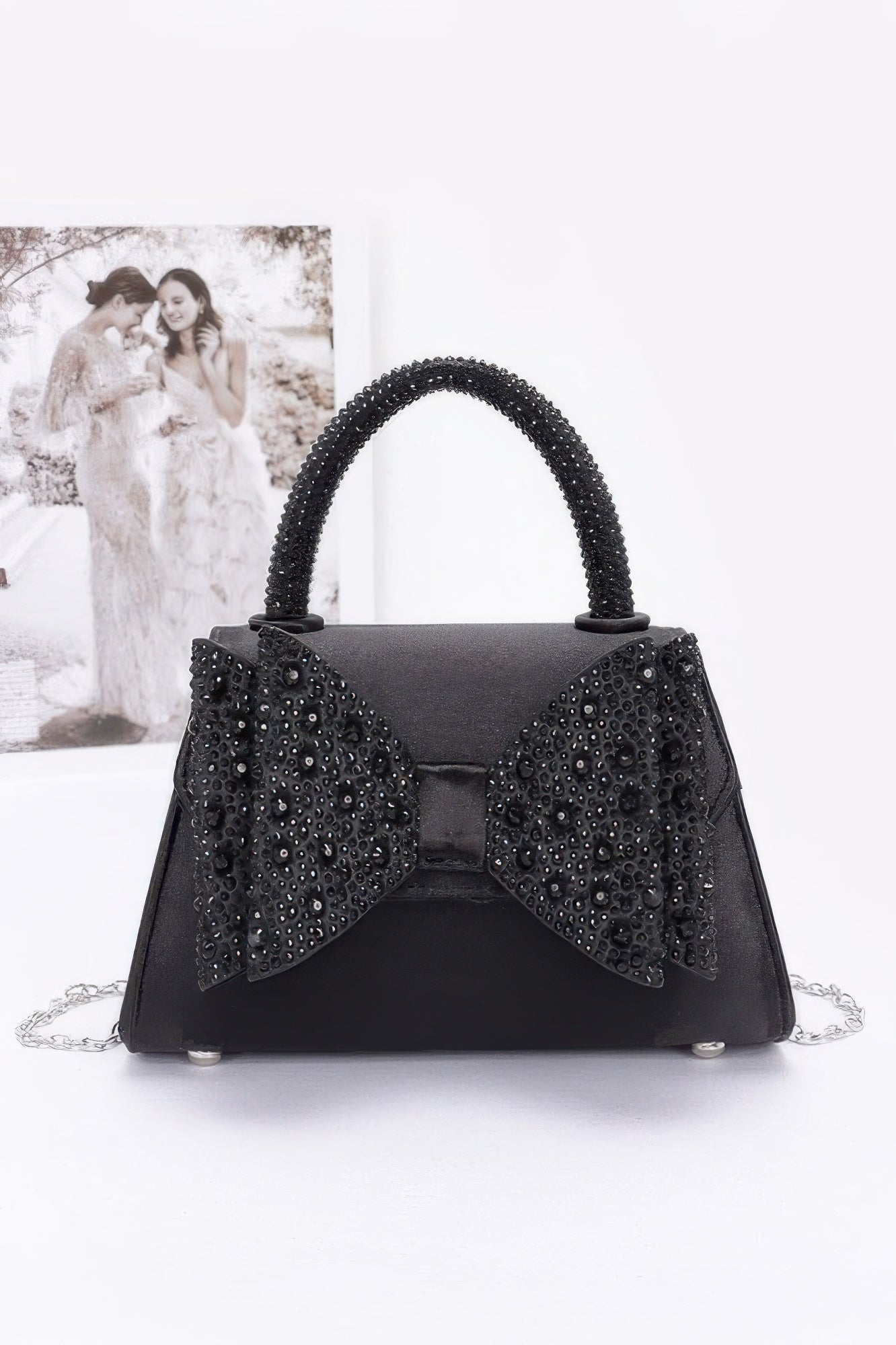 Rhinestone Ribbon Top Handle Satin Flap Bag - Wear Arielle