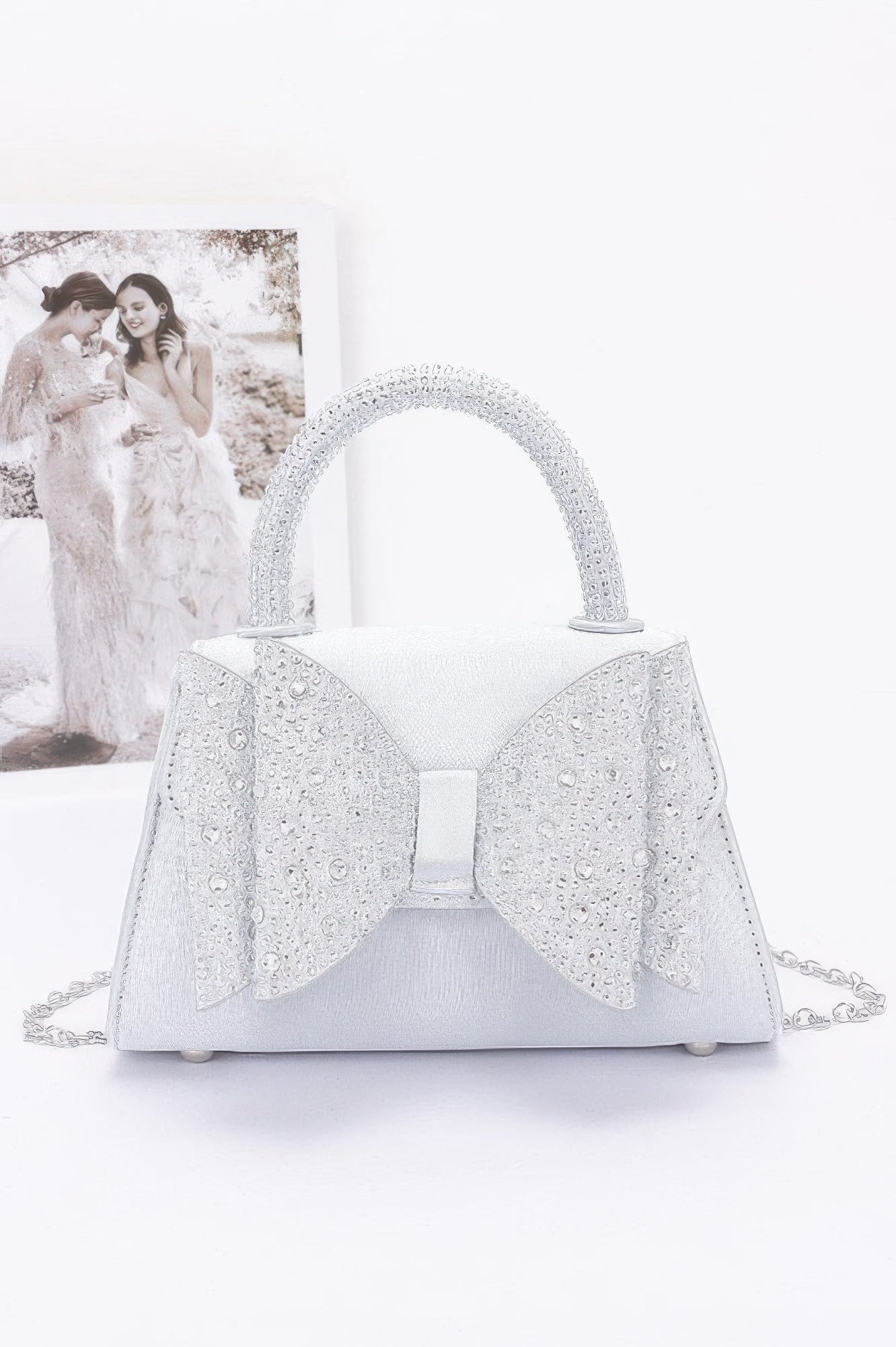 Rhinestone Ribbon Top Handle Satin Flap Bag - Wear Arielle