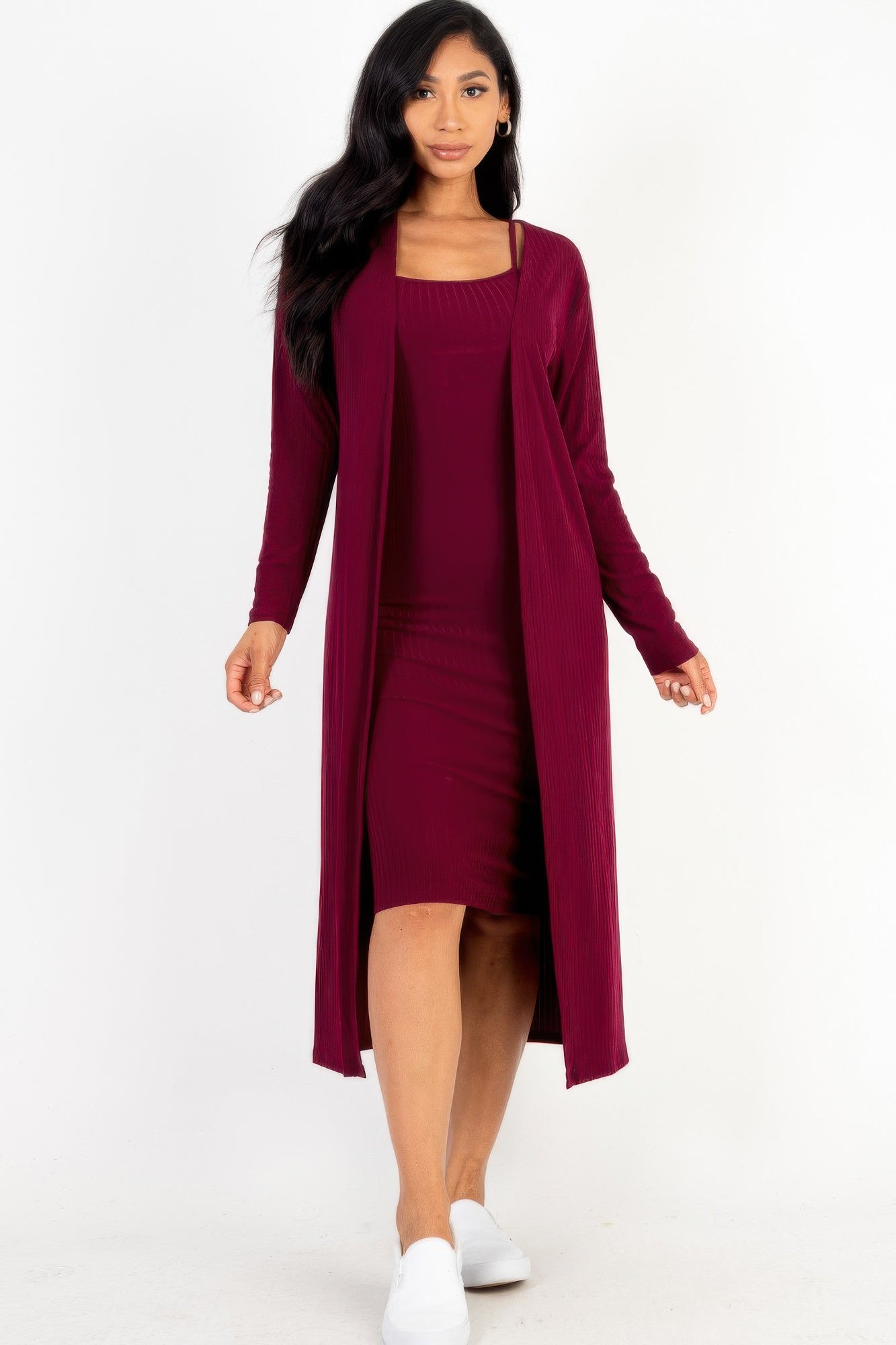 Ribbed Cardigan & Cami Midi Bodycon Dress - Wear Arielle