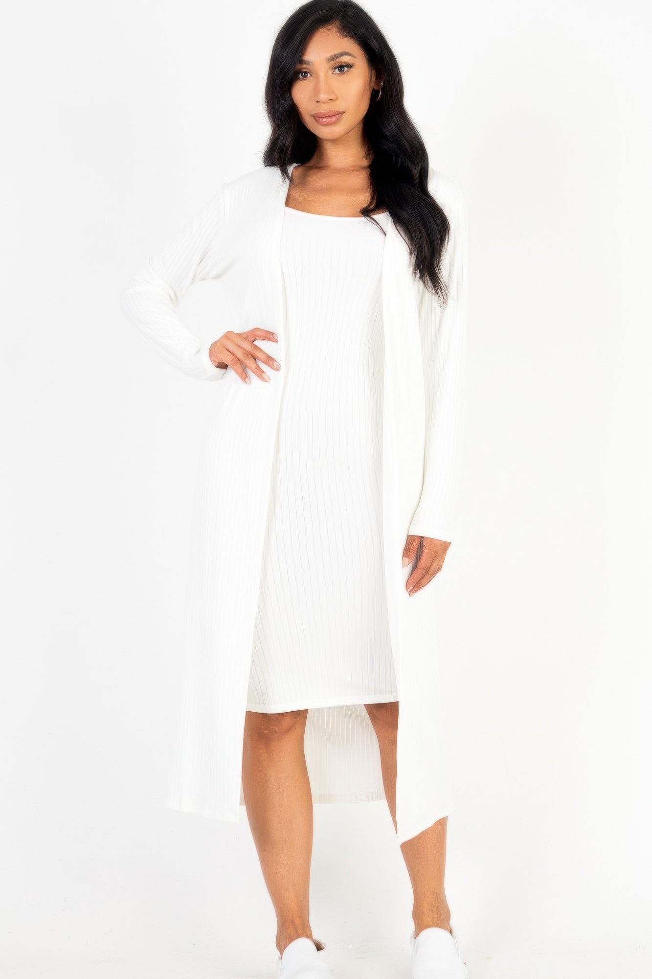 Ribbed Cardigan & Cami Midi Bodycon Dress - Wear Arielle