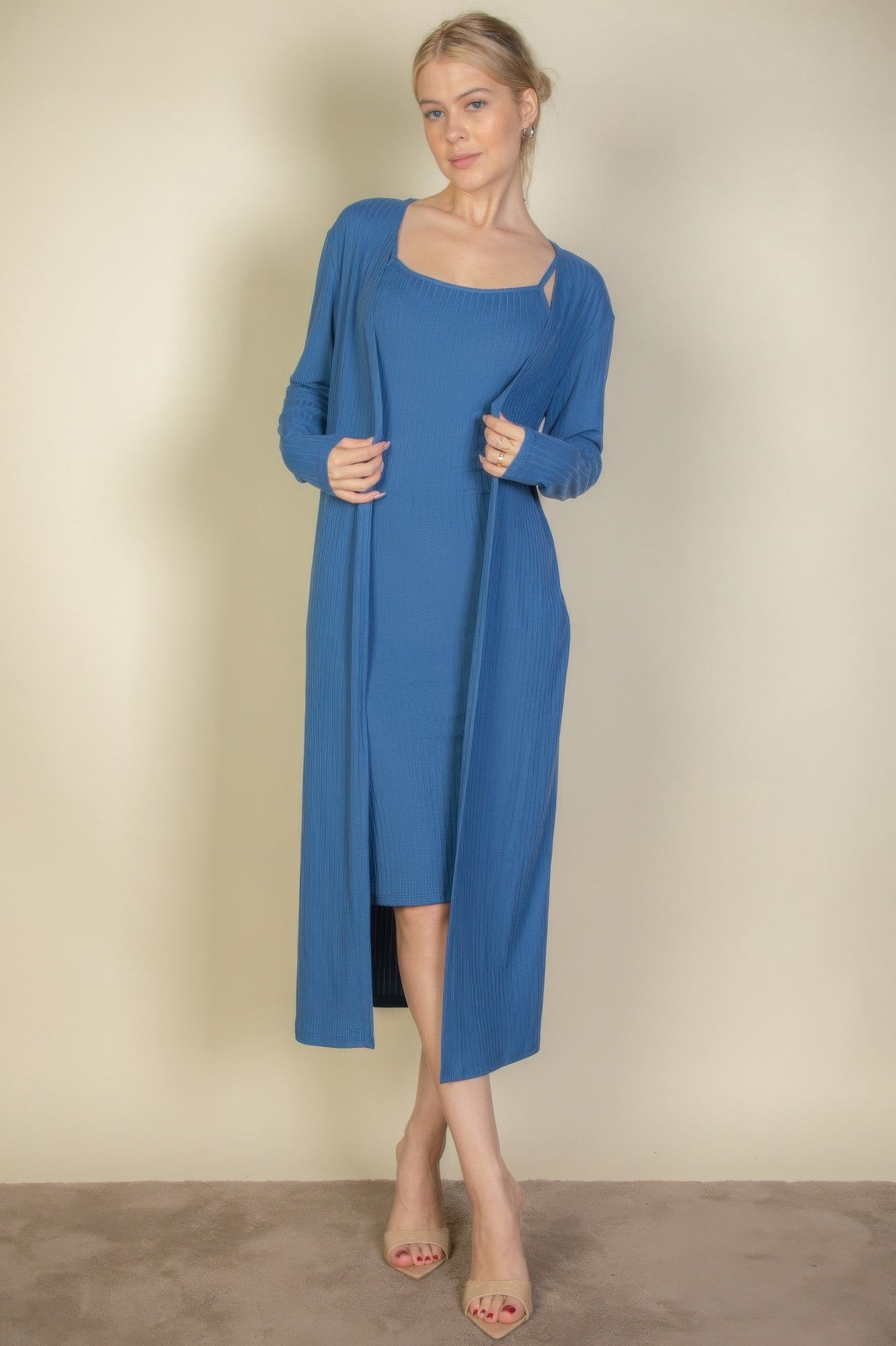 Ribbed Cardigan & Cami Midi Bodycon Dress - Wear Arielle