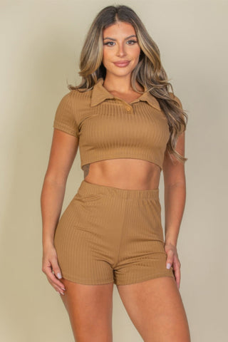 Ribbed Collared Short Sleeve Crop Top & Shorts Set - Wear Arielle