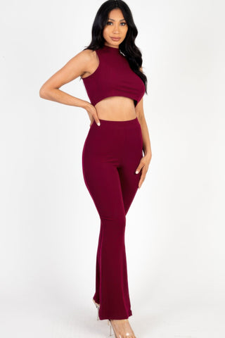 Ribbed Mock Neck Crop Tank Top & Bootcut Pants Set - Wear Arielle