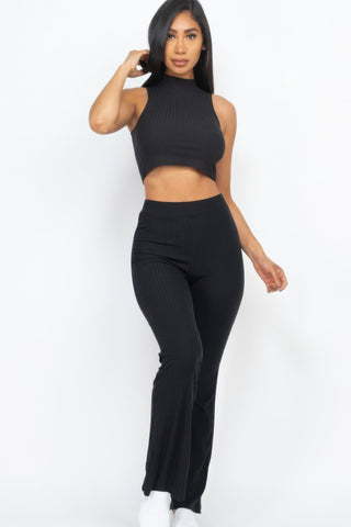 Ribbed Mock Neck Crop Tank Top & Bootcut Pants Set - Wear Arielle