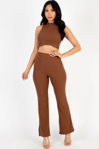Ribbed Mock Neck Crop Tank Top & Bootcut Pants Set - Wear Arielle