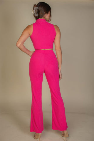 Ribbed Mock Neck Crop Tank Top & Bootcut Pants Set - Wear Arielle