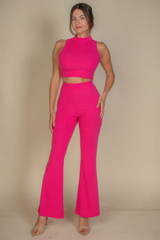 Ribbed Mock Neck Crop Tank Top & Bootcut Pants Set - Wear Arielle