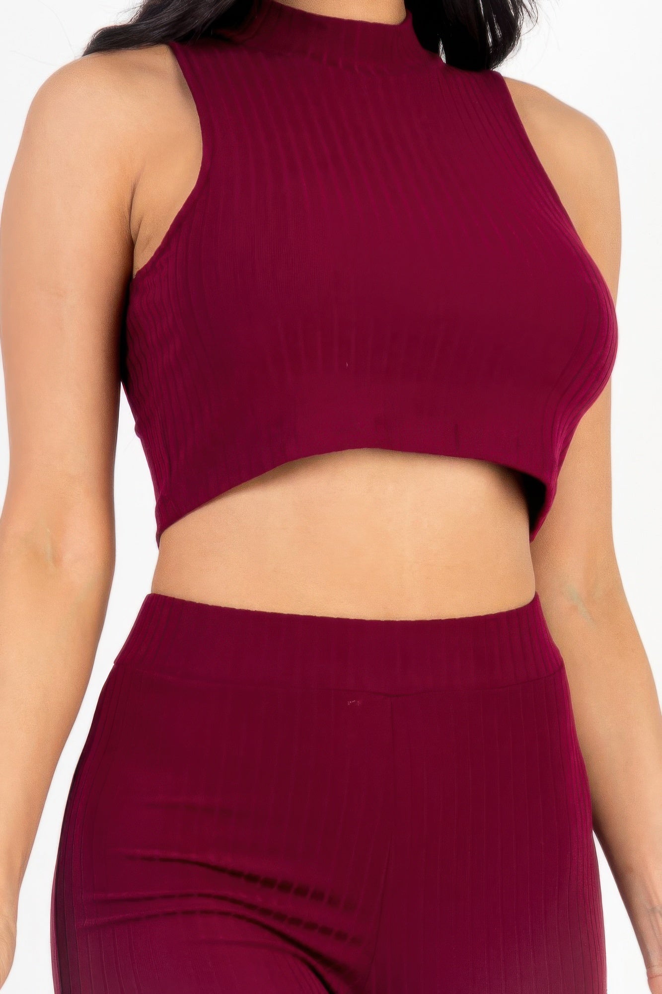 Ribbed Mock Neck Crop Tank Top & Bootcut Pants Set - Wear Arielle
