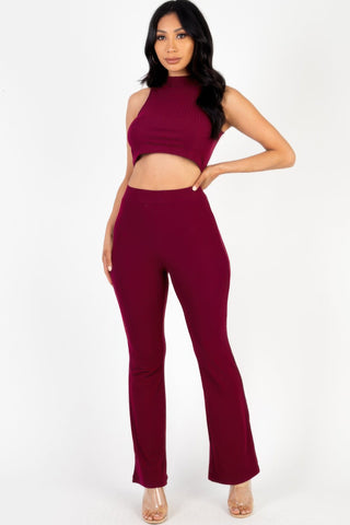 Ribbed Mock Neck Crop Tank Top & Bootcut Pants Set - Wear Arielle