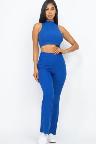 Ribbed Mock Neck Crop Tank Top & Bootcut Pants Set - Wear Arielle