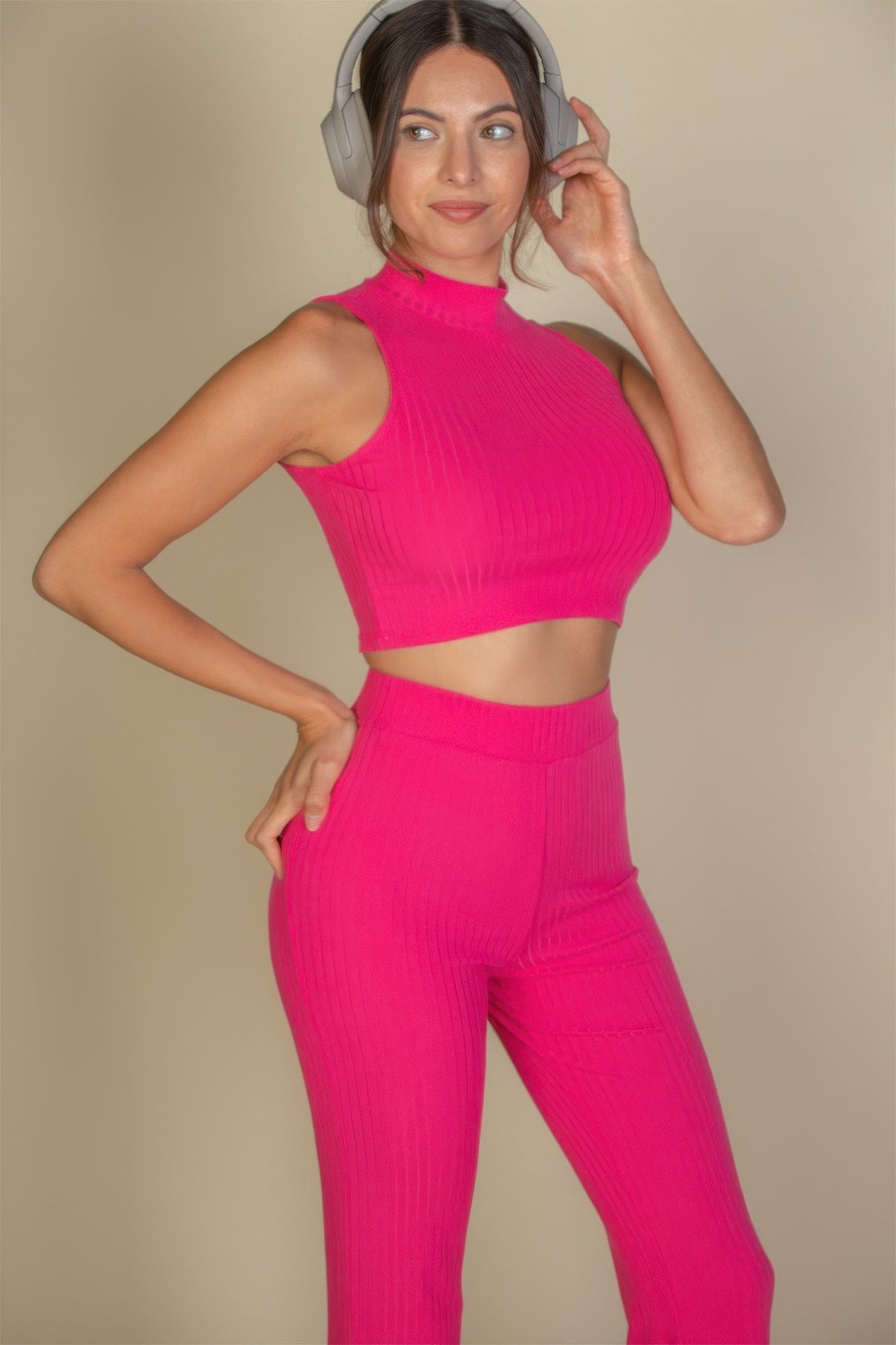 Ribbed Mock Neck Crop Tank Top & Bootcut Pants Set - Wear Arielle