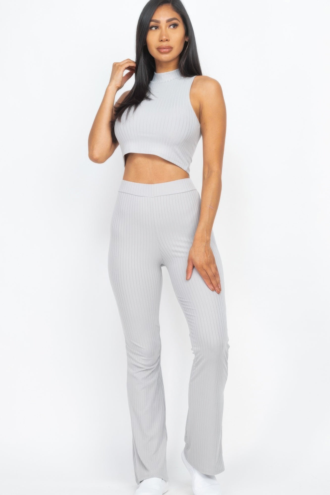 Ribbed Mock Neck Crop Tank Top & Bootcut Pants Set - Wear Arielle