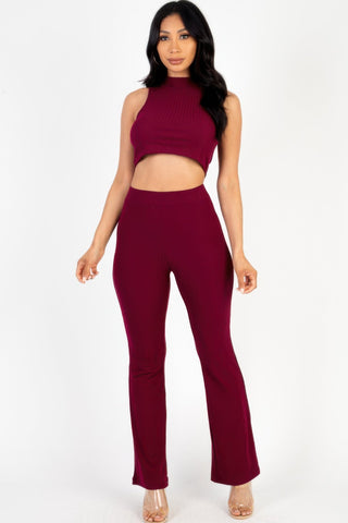 Ribbed Mock Neck Crop Tank Top & Bootcut Pants Set - Wear Arielle