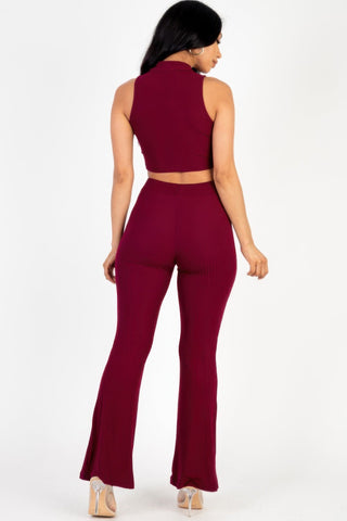Ribbed Mock Neck Crop Tank Top & Bootcut Pants Set - Wear Arielle
