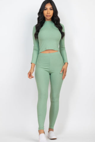 Ribbed Mock Neck Long Sleeve Top & Leggings Set - Wear Arielle