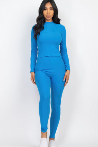 Ribbed Mock Neck Long Sleeve Top & Leggings Set - Wear Arielle