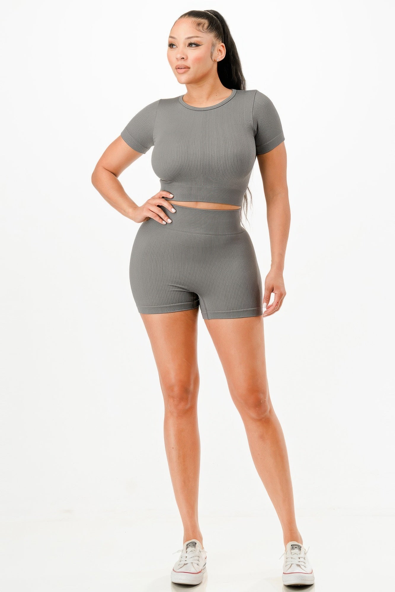Ribbed Seamless T-shirt And Bike Shorts Set - Wear Arielle