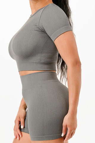 Ribbed Seamless T-shirt And Bike Shorts Set - Wear Arielle