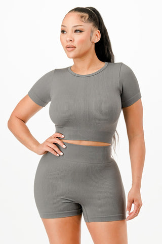 Ribbed Seamless T-shirt And Bike Shorts Set - Wear Arielle