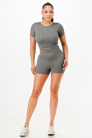 Ribbed Seamless T-shirt And Bike Shorts Set - Wear Arielle