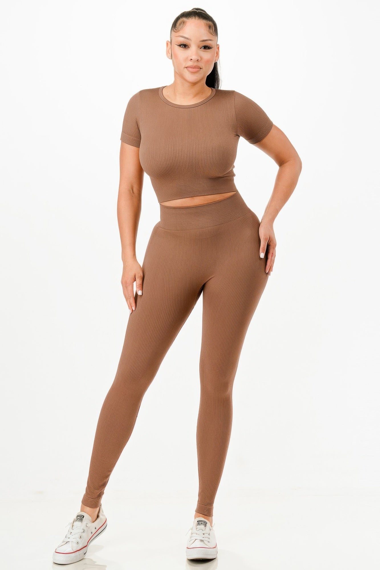 Ribbed Seamless T-shirt And Leggings Set - Wear Arielle