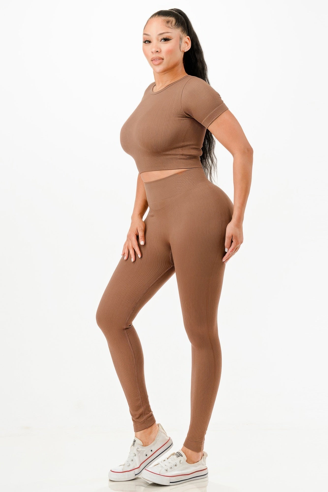 Ribbed Seamless T-shirt And Leggings Set - Wear Arielle