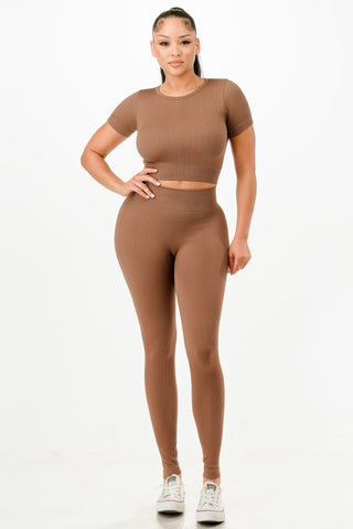 Ribbed Seamless T-shirt And Leggings Set - Wear Arielle