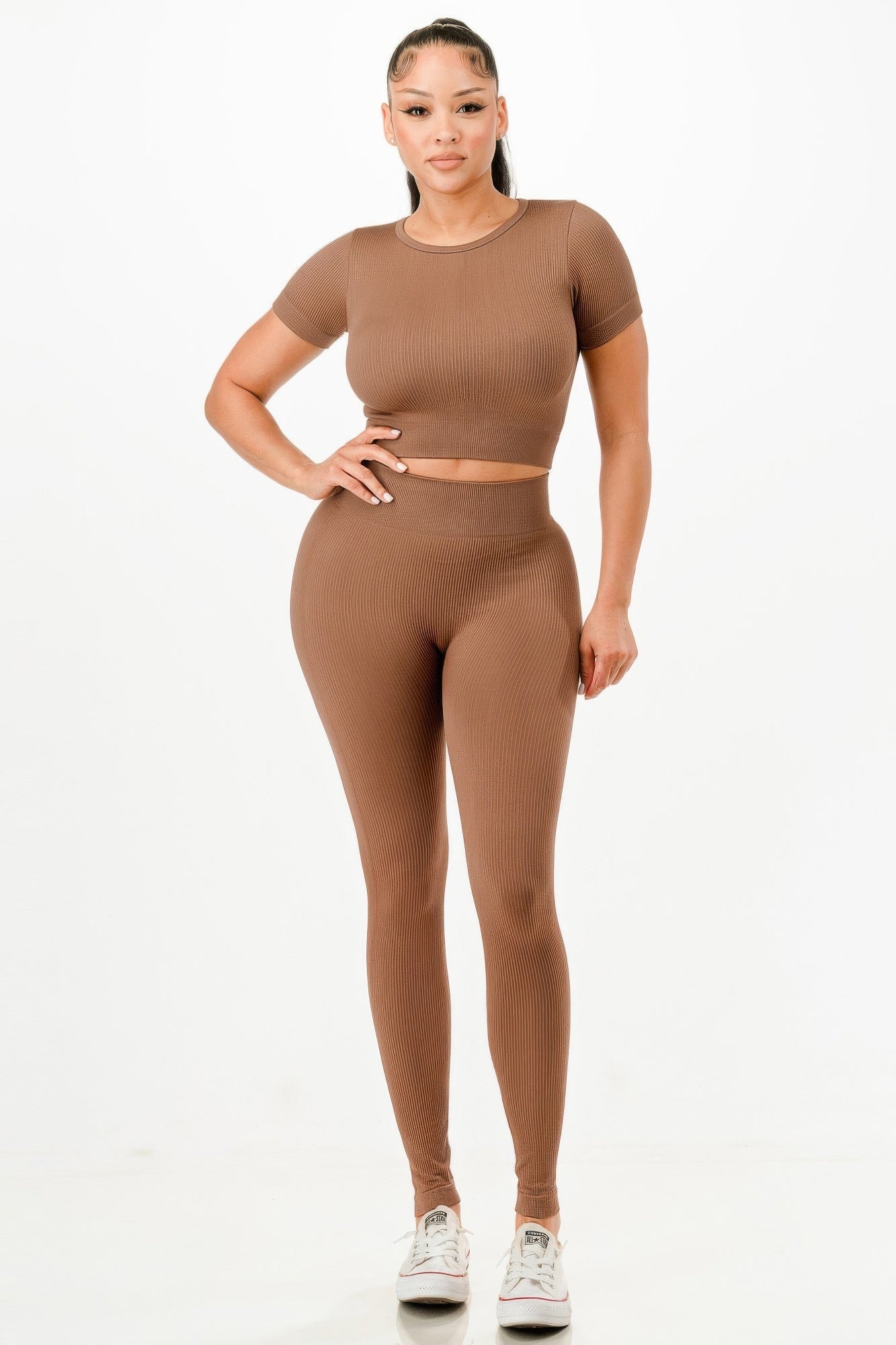 Ribbed Seamless T-shirt And Leggings Set - Wear Arielle