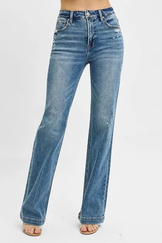 RISEN Full Size Distressed Detail Bootcut Jeans Plus Size - Wear Arielle