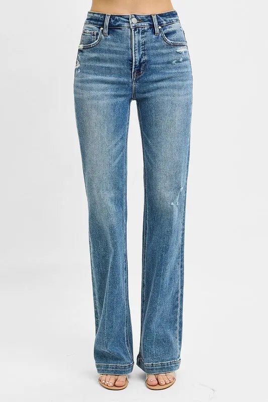 RISEN Full Size Distressed Detail Bootcut Jeans Plus Size - Wear Arielle
