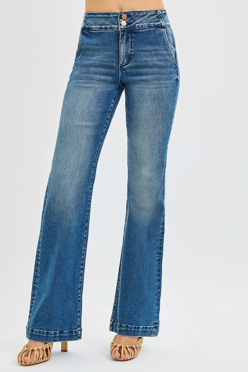 RISEN Full Size Tummy Control High Rise Bootcut Jeans with Double Button Waistband Plus Size - Wear Arielle
