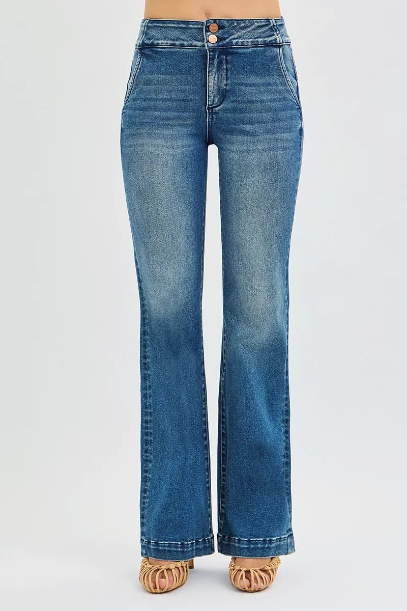 RISEN Full Size Tummy Control High Rise Bootcut Jeans with Double Button Waistband Plus Size - Wear Arielle
