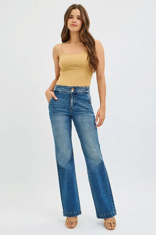 RISEN Full Size Tummy Control High Rise Bootcut Jeans with Double Button Waistband Plus Size - Wear Arielle