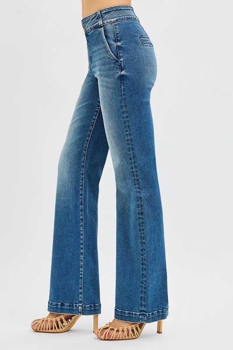 RISEN Full Size Tummy Control High Rise Bootcut Jeans with Double Button Waistband Plus Size - Wear Arielle