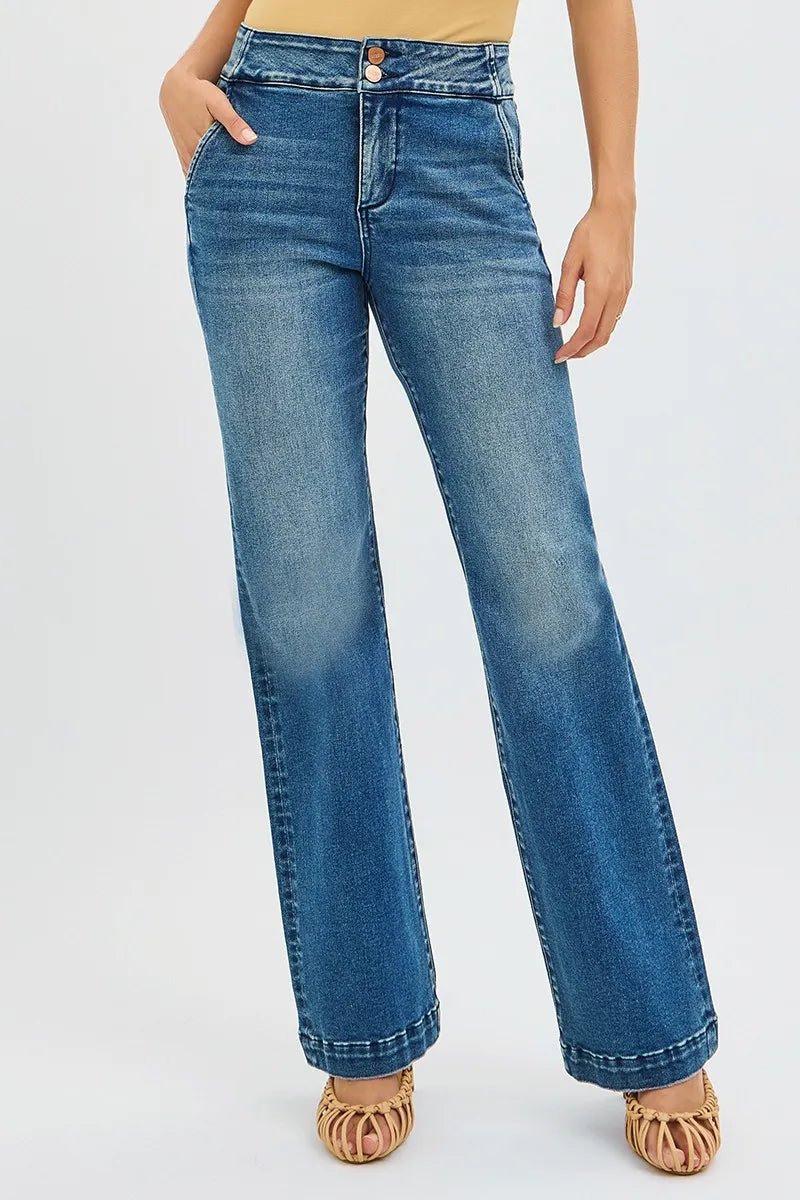 RISEN Full Size Tummy Control High Rise Bootcut Jeans with Double Button Waistband Plus Size - Wear Arielle
