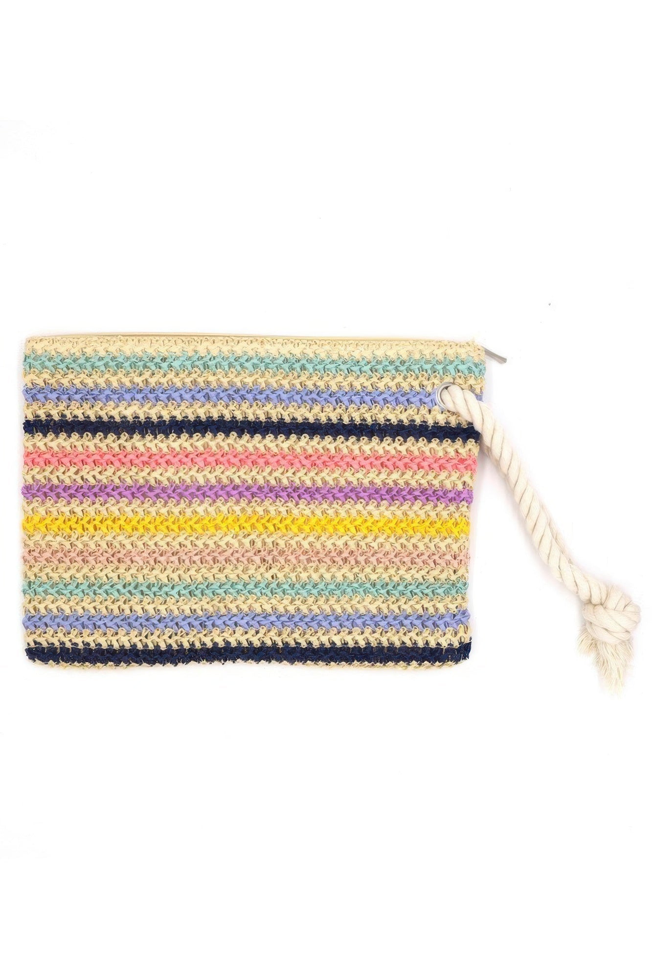 Rope Handle Multicolor Striped Straw Crochet Pouch - Wear Arielle