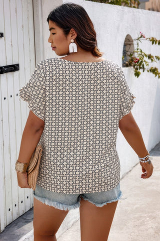 Round Neck Allover Print Ruffle Sleeves Loose Top - Wear Arielle