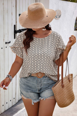 Round Neck Allover Print Ruffle Sleeves Loose Top - Wear Arielle