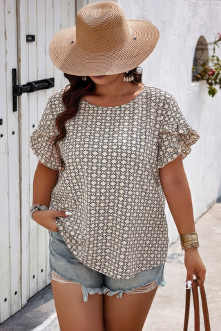 Round Neck Allover Print Ruffle Sleeves Loose Top - Wear Arielle