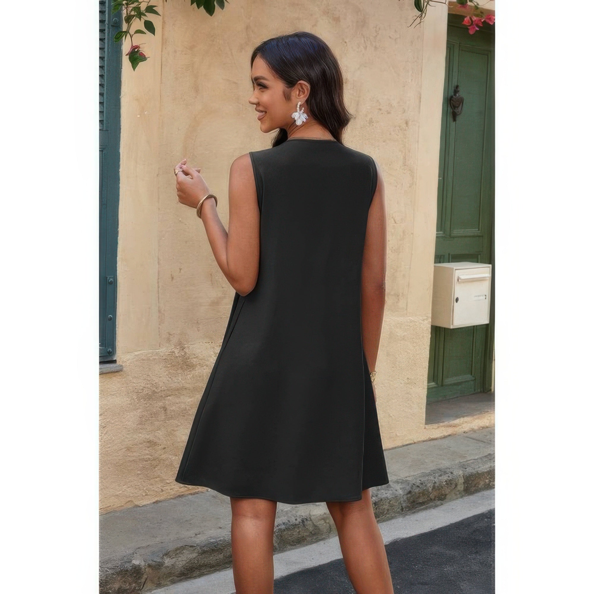 Round Neck Knot Cut Out Pleated Loose Fit Dress - Wear Arielle