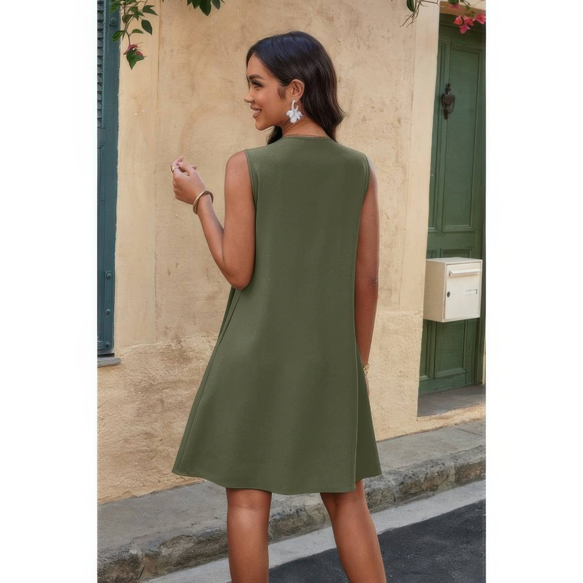 Round Neck Knot Cut Out Pleated Loose Fit Dress - Wear Arielle