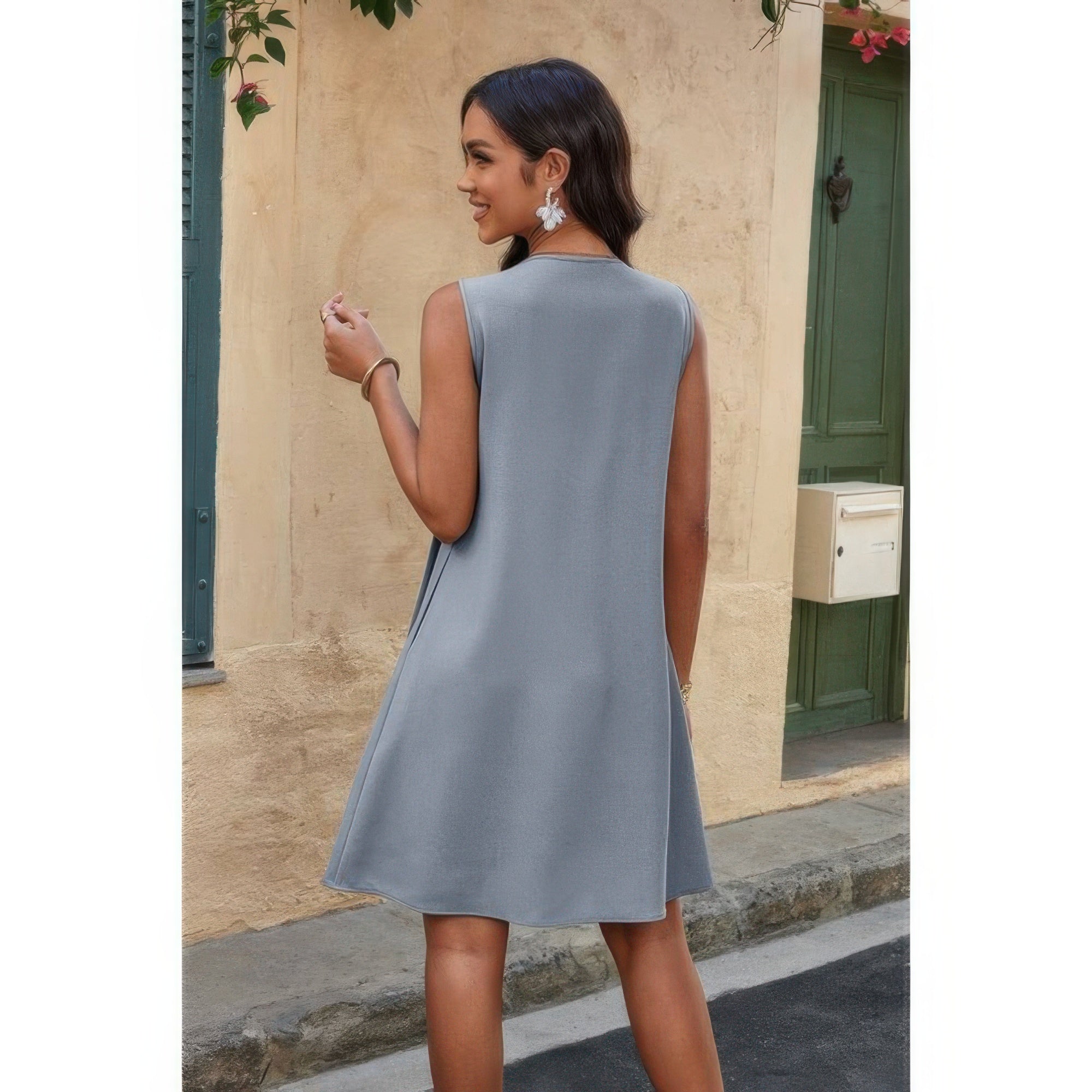 Round Neck Knot Cut Out Pleated Loose Fit Dress - Wear Arielle