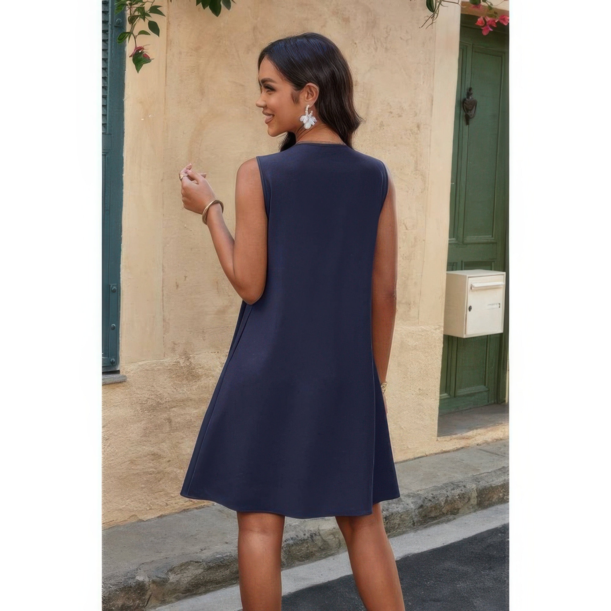 Round Neck Knot Cut Out Pleated Loose Fit Dress - Wear Arielle
