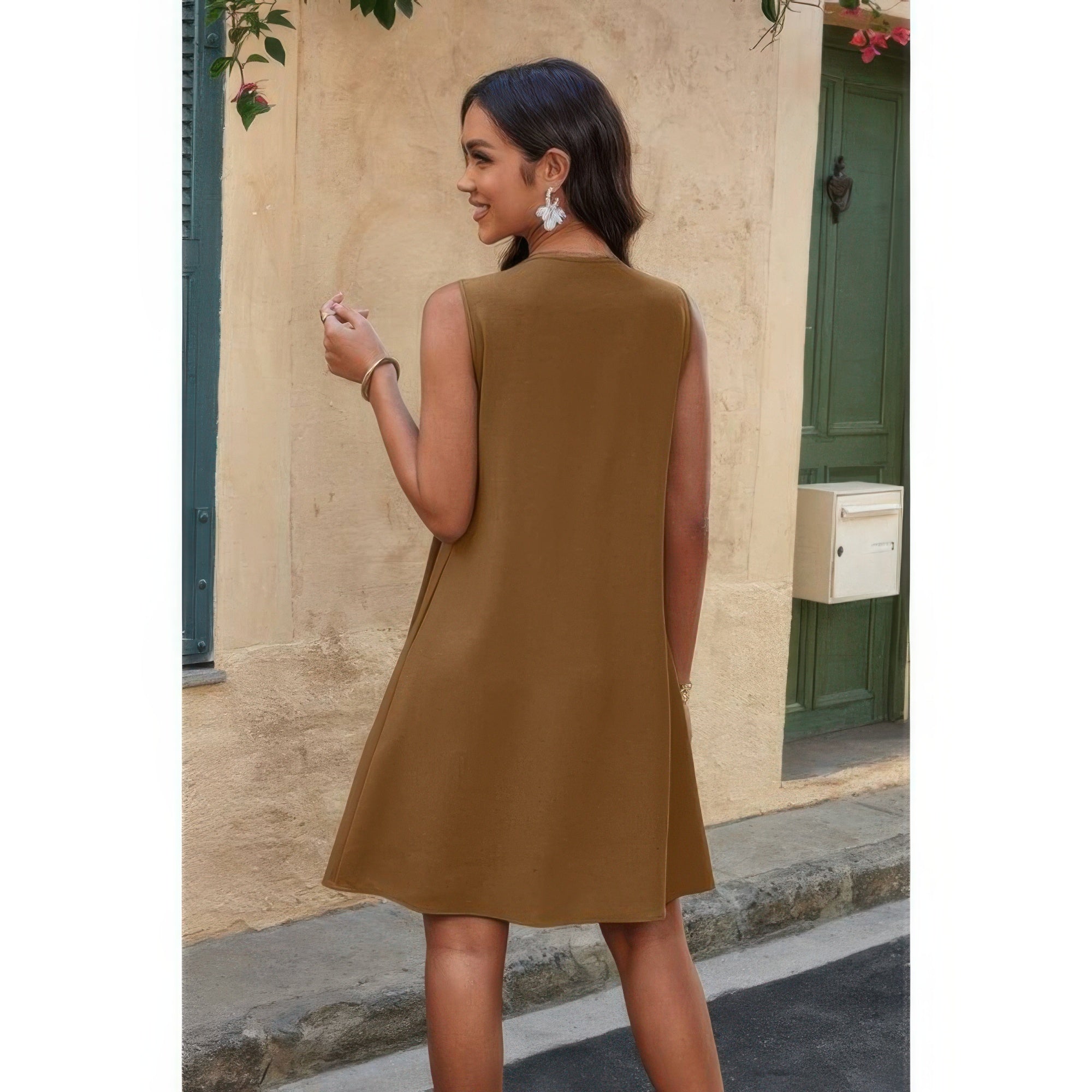 Round Neck Knot Cut Out Pleated Loose Fit Dress - Wear Arielle