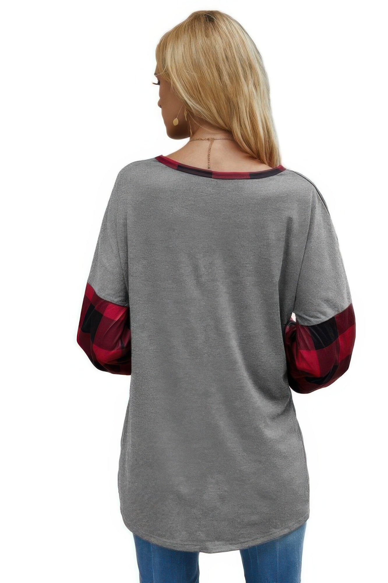 Round Neck Lantern Sleeve Patchwork Pullover - Wear Arielle