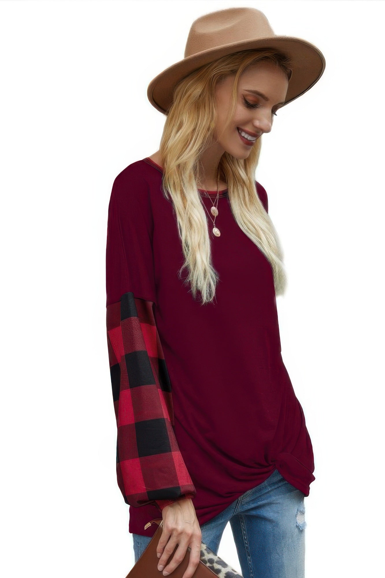 Round Neck Lantern Sleeve Patchwork Pullover - Wear Arielle