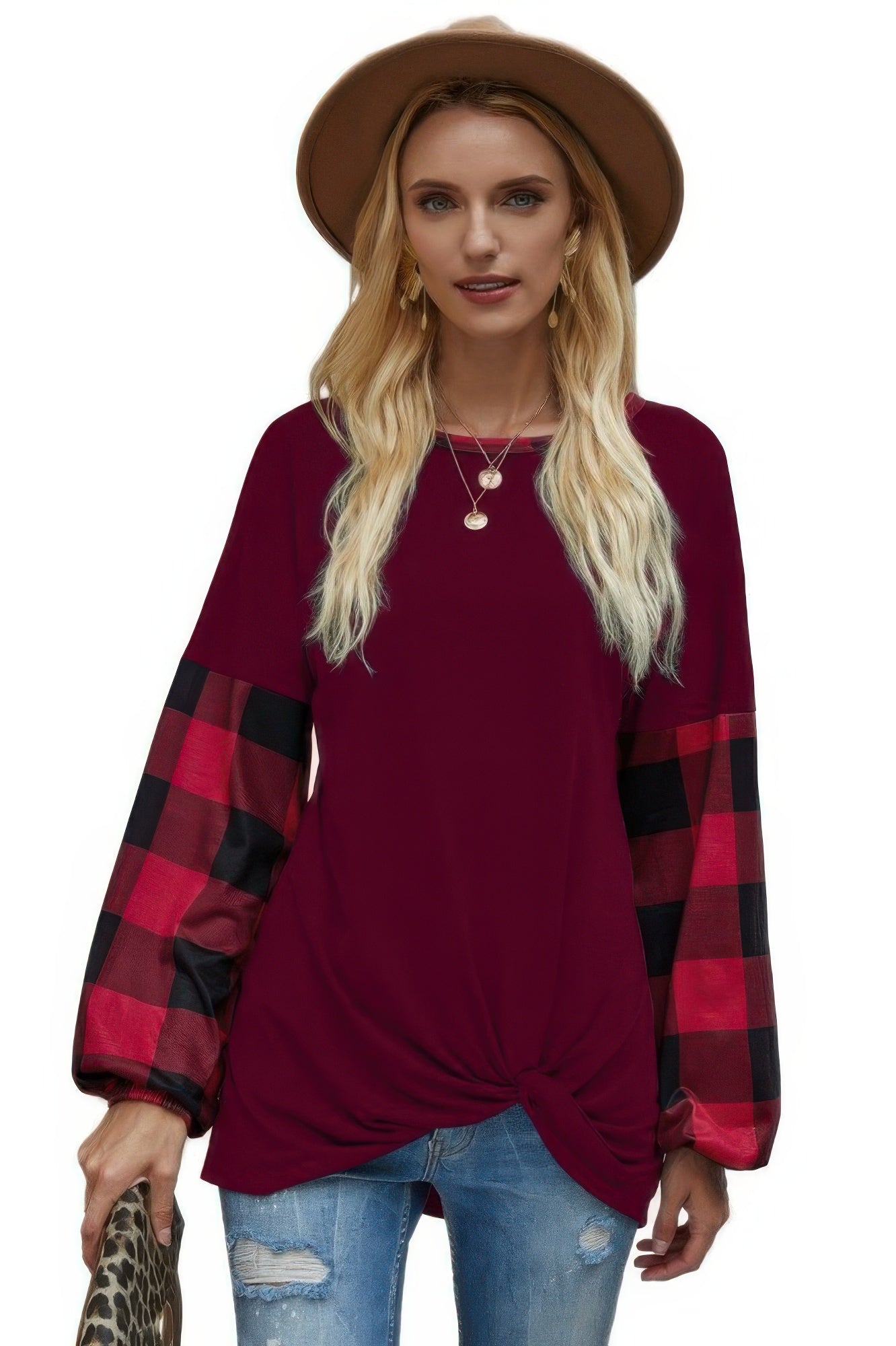 Round Neck Lantern Sleeve Patchwork Pullover - Wear Arielle