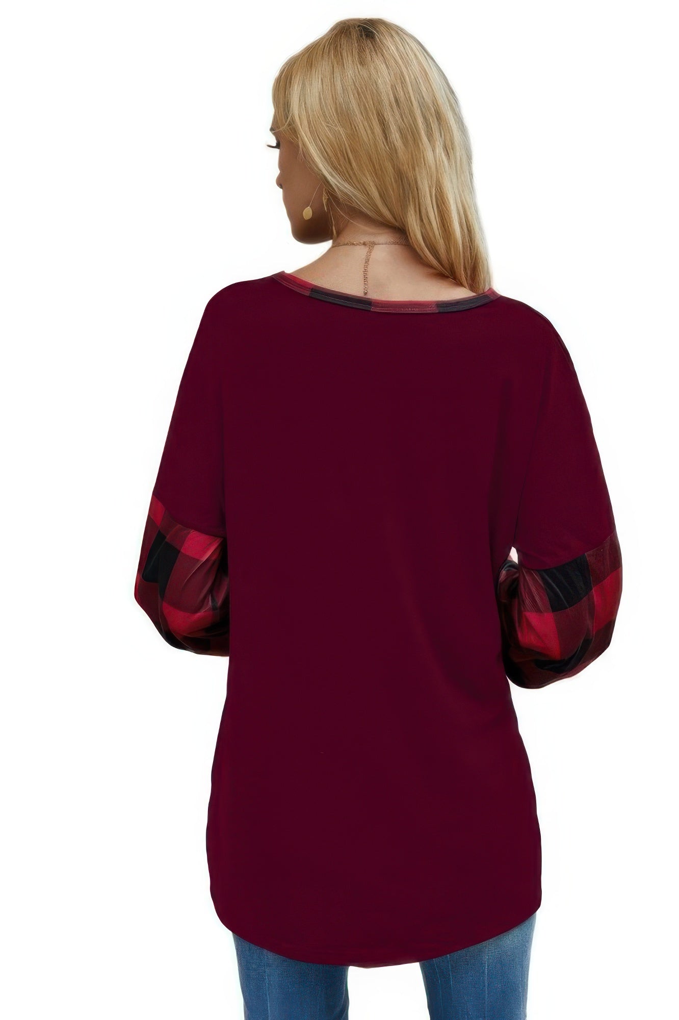Round Neck Lantern Sleeve Patchwork Pullover - Wear Arielle