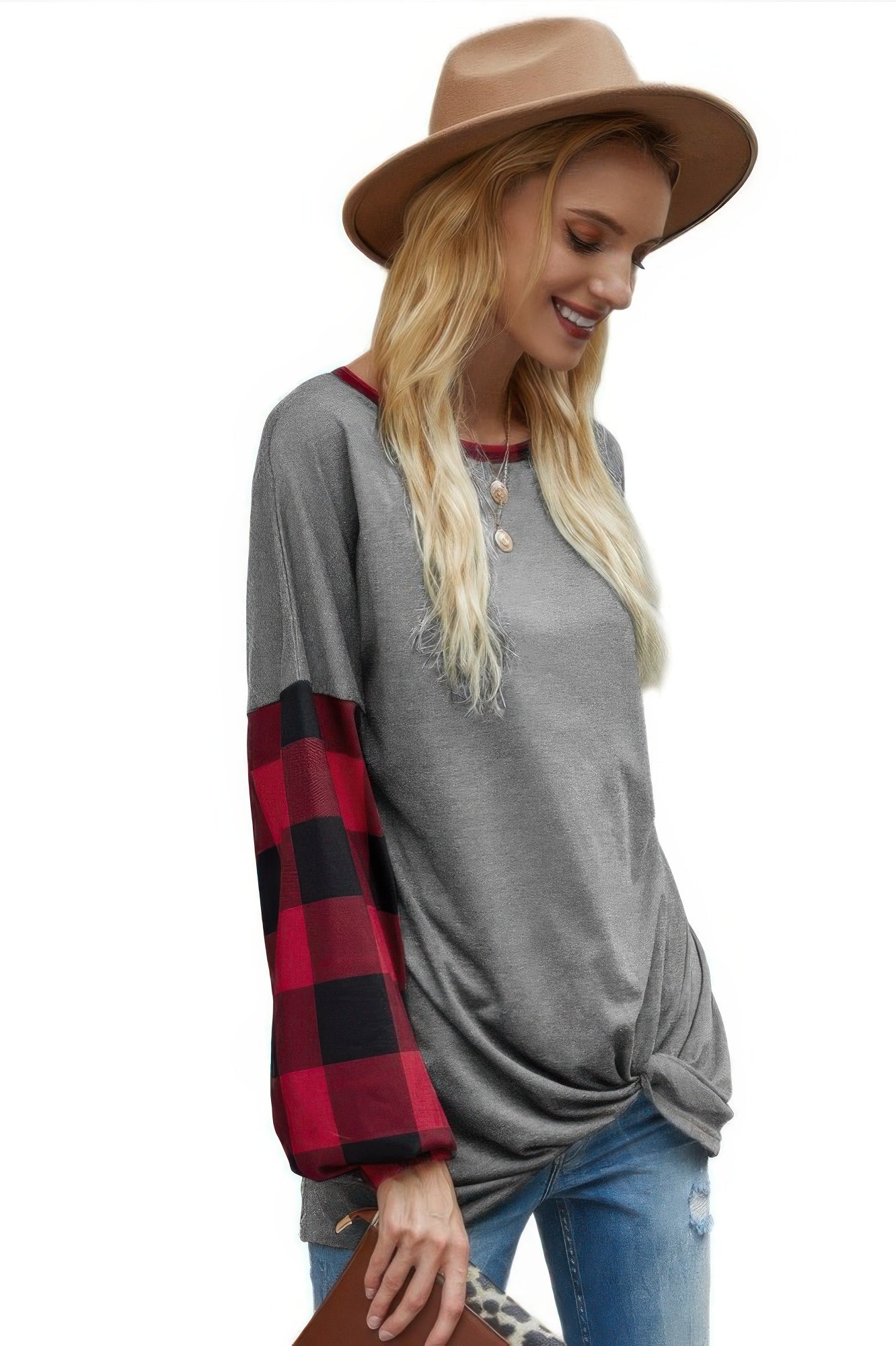 Round Neck Lantern Sleeve Patchwork Pullover - Wear Arielle
