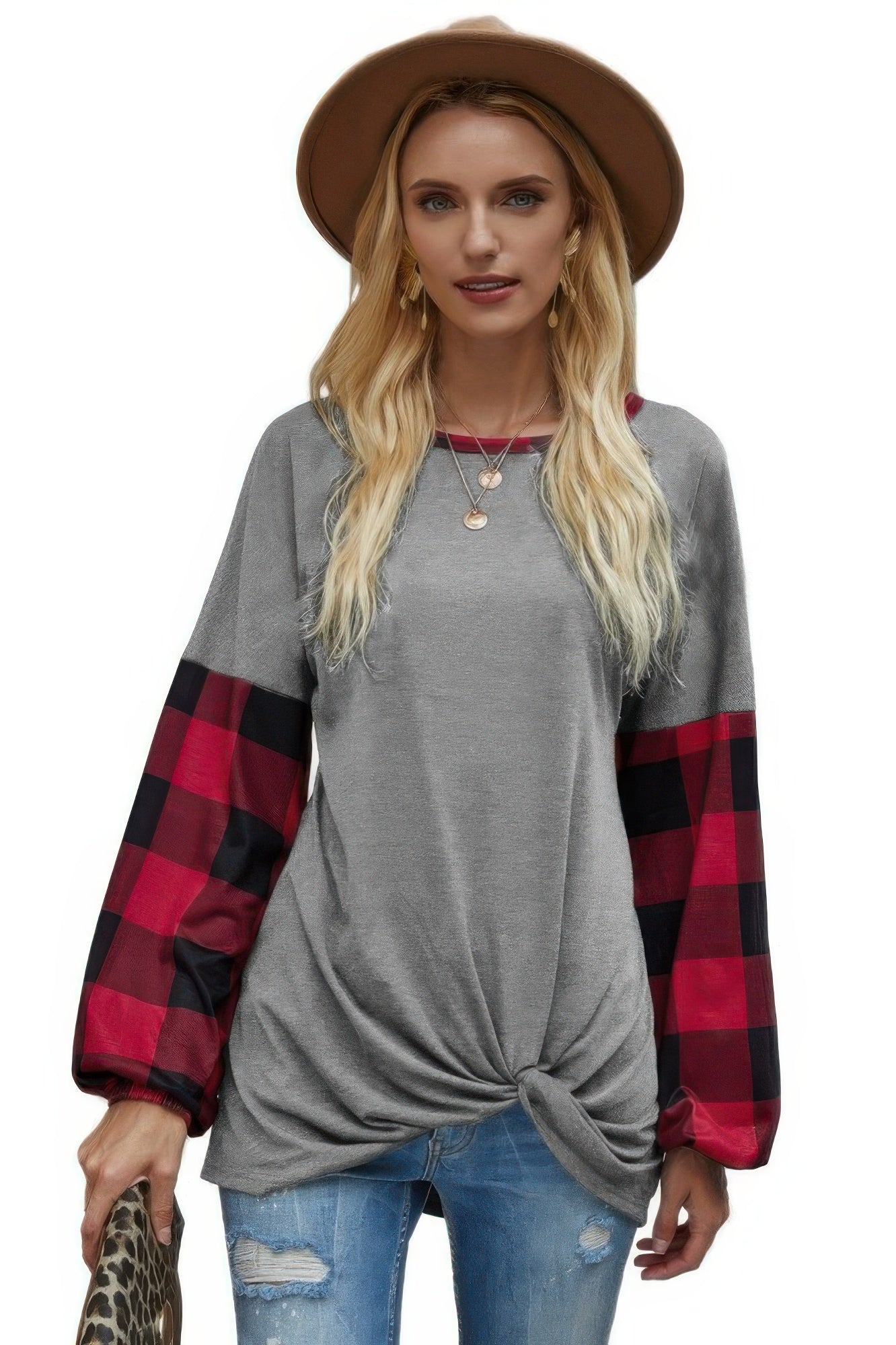 Round Neck Lantern Sleeve Patchwork Pullover - Wear Arielle